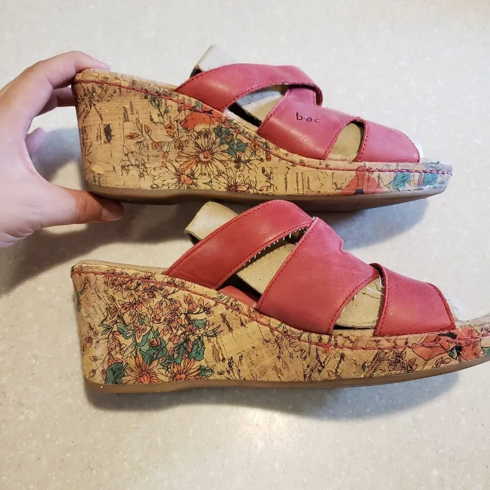 BOC Born Concept Wedge Sandals Sz 9M Red Leather Floral Cork Heels Slip On EUC